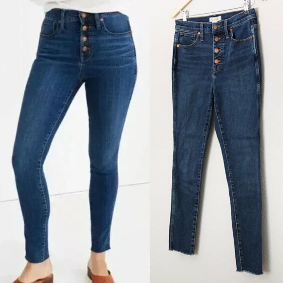 Madewell Denim - Madewell 10” High Rise Skinny Jeans Size 29 Button Fly Dark Wash Blue Frayed Hem